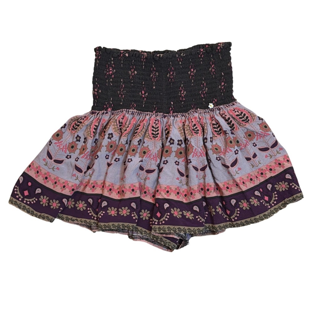 Natural Life Boho Smocked Floral Paisley Skirt Shorts Purple Pink XS